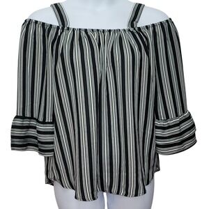 Hot in Hollywood Off‑Shoulder Striped Blouse Black‎ White L Boho Office Parisian
